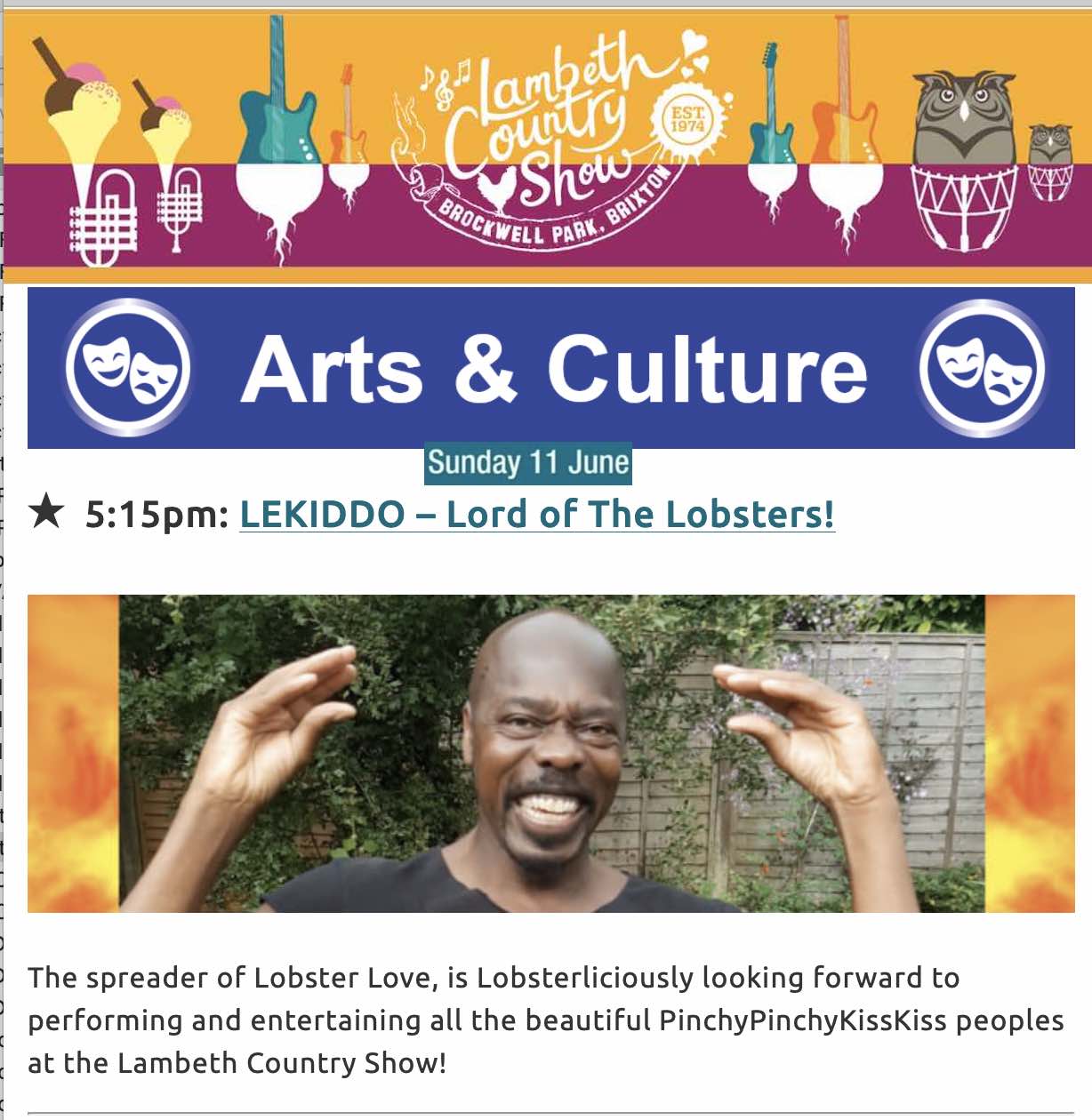 Lambeth_Country_Show_2023_LEKIDDO - Lord of The Lobsters! _Brixton_gig_for 5/5 star Guardian_rated...INEXPLICABLY BRILLIANT joyous pop artist